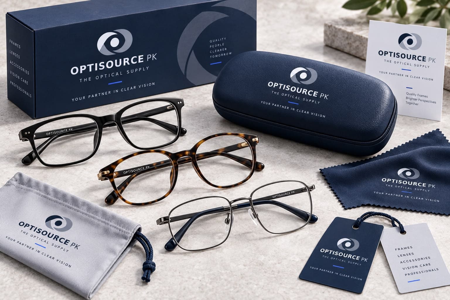 Optical frames, a navy cleaning cloth and branded cases laid out on a white surface